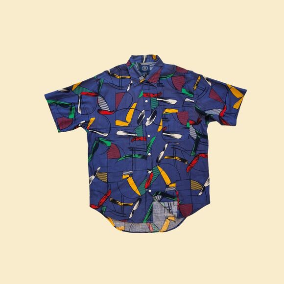 1990s abstract mens shirt, size M vintage 90s blue, red & green short sleeve top - Picture 1 of 10